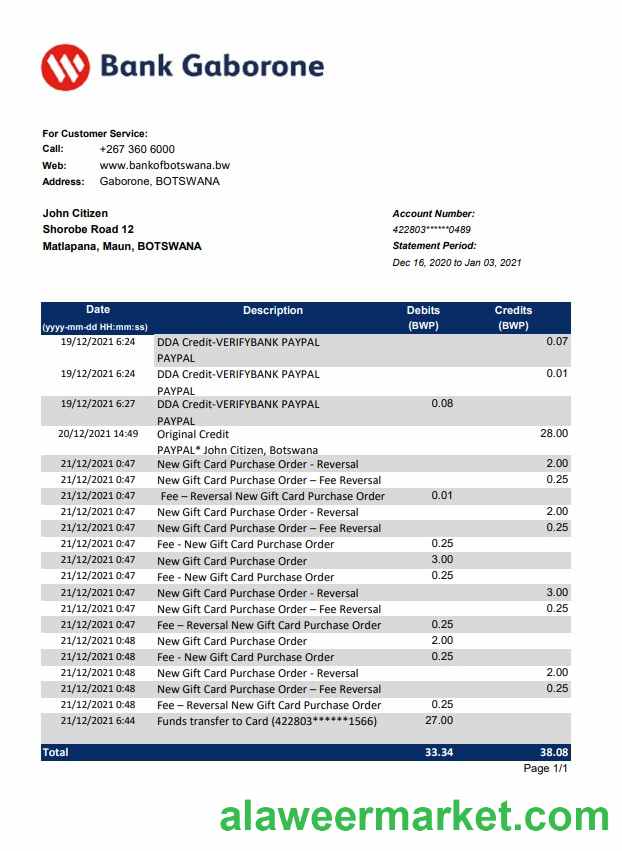 Botswana Bank Gaborone bank statement template in Excel and PDF format